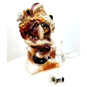 Lighted Porcelain Santa Chimney Toys Star Cutouts Golds Whites 10" VNTG  On/Off